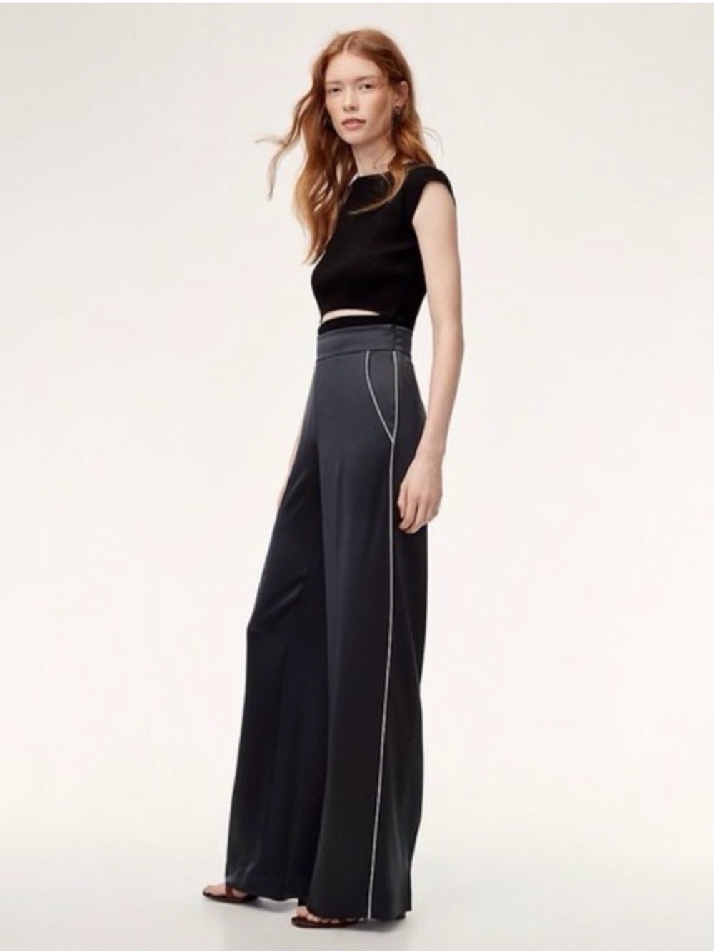 Wilfred Black Wide-Leg High-Rise Pants with Contrast Piping